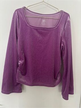 Justice Girls Purple Velvet Sparkle Square Neck Flare Sleeve Top Size 10